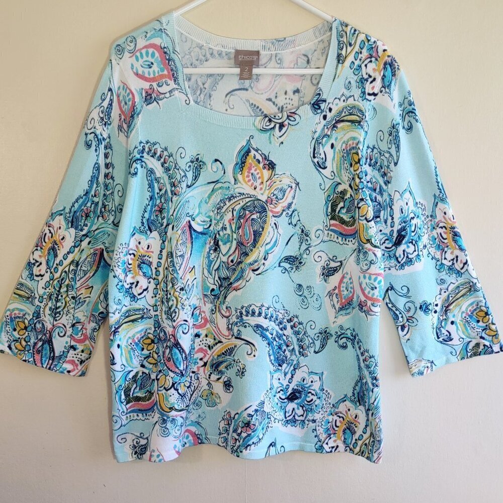 NEW Chico's Floral Paisley Top Lightweight Knit 3/4 Sleeve Boho Chic Large